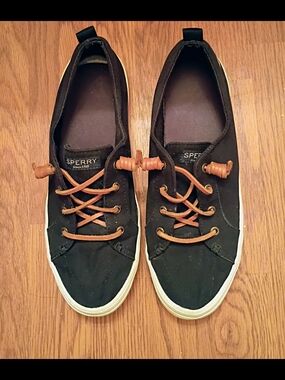 Sperry Black Canvas Boat Shoes with Tan Laces